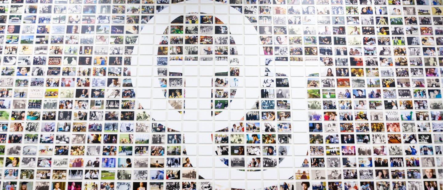 Mosaic of photo tiles with a white interlocking O U in the middle.