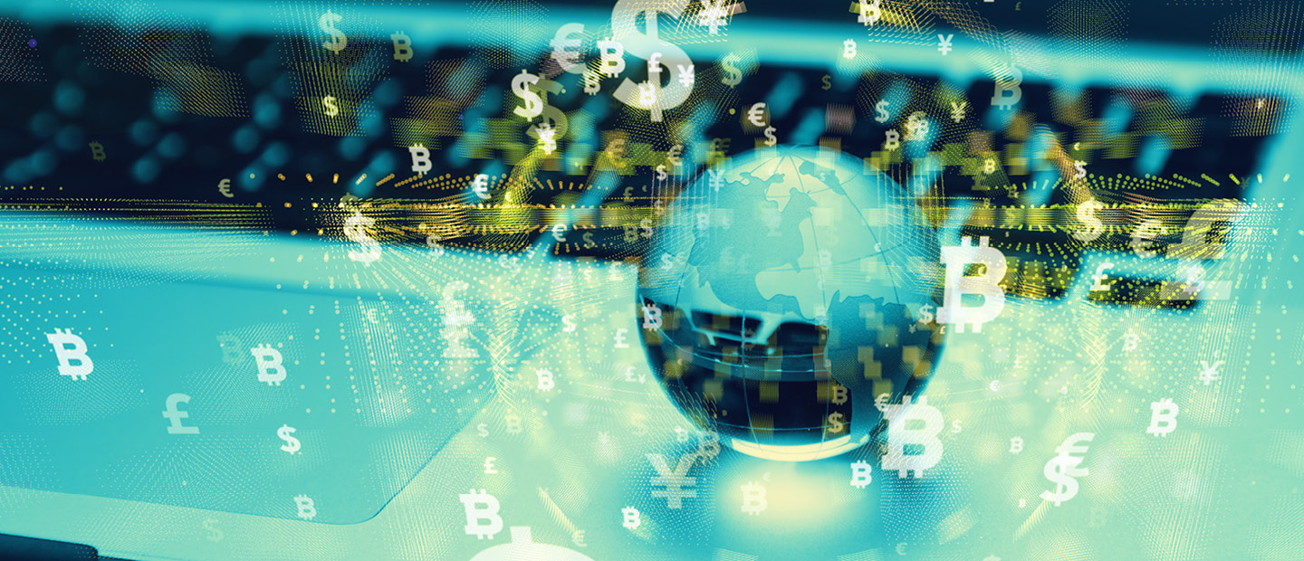 An image of a digital globe with symbols projected around it