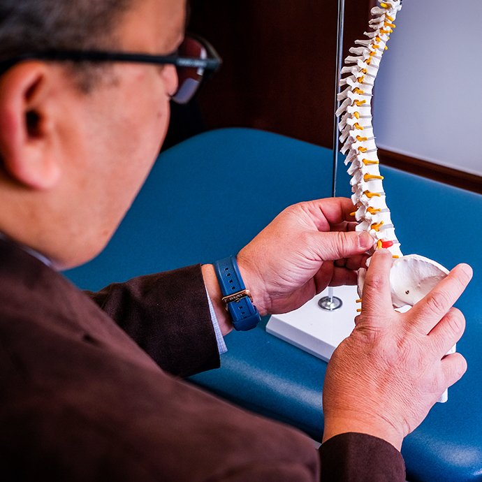 A man working on a spinal model