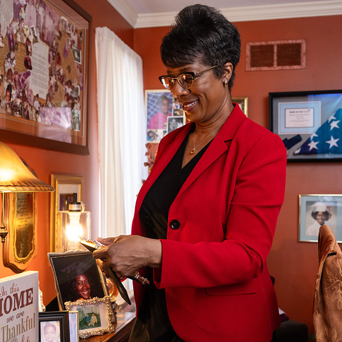 Woman looking at photos