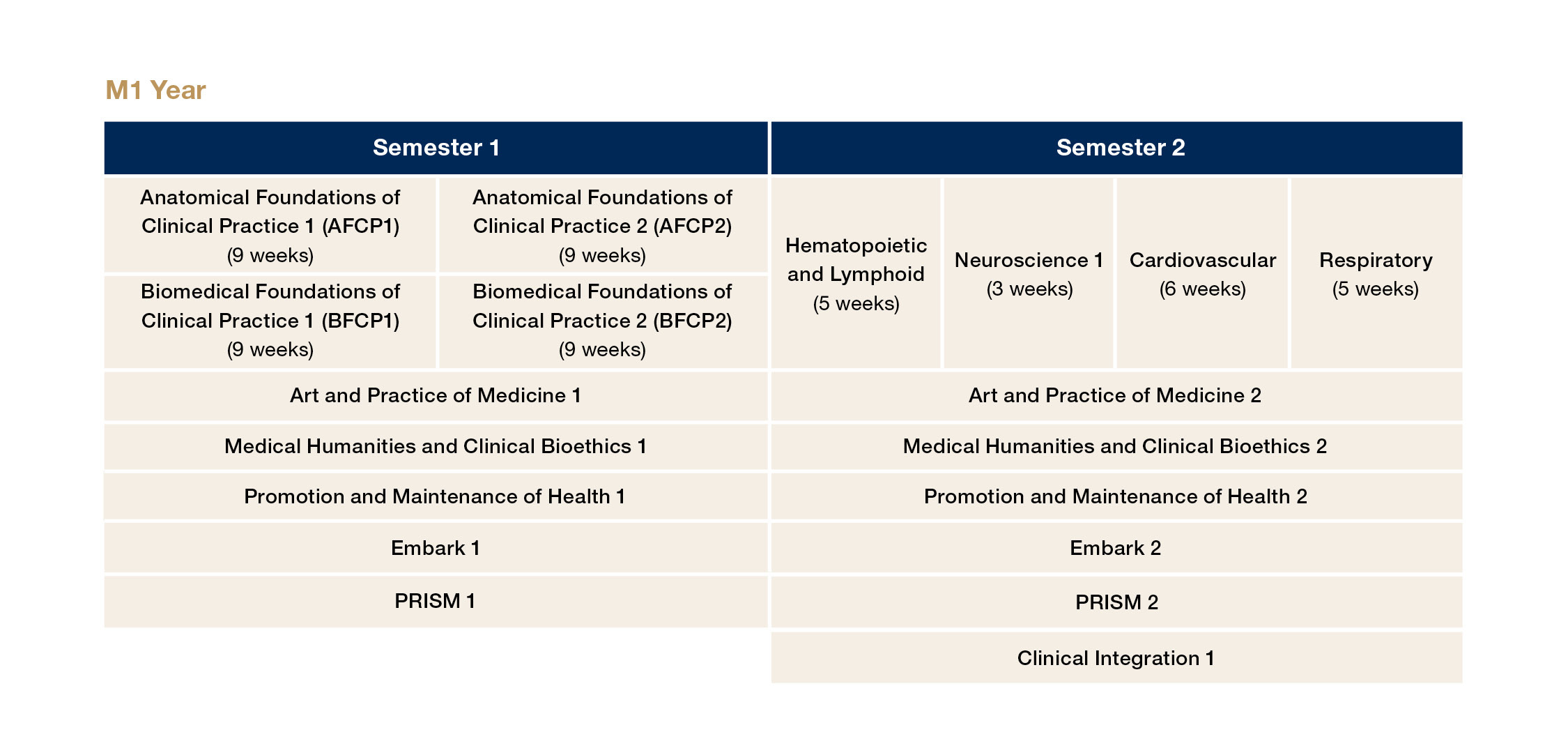 An image showing the curriculum map for M1 year