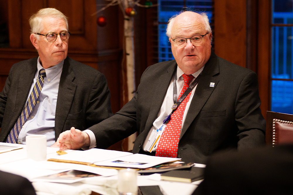 An image of Dr. Mezwa during a dean's advisory board meeting