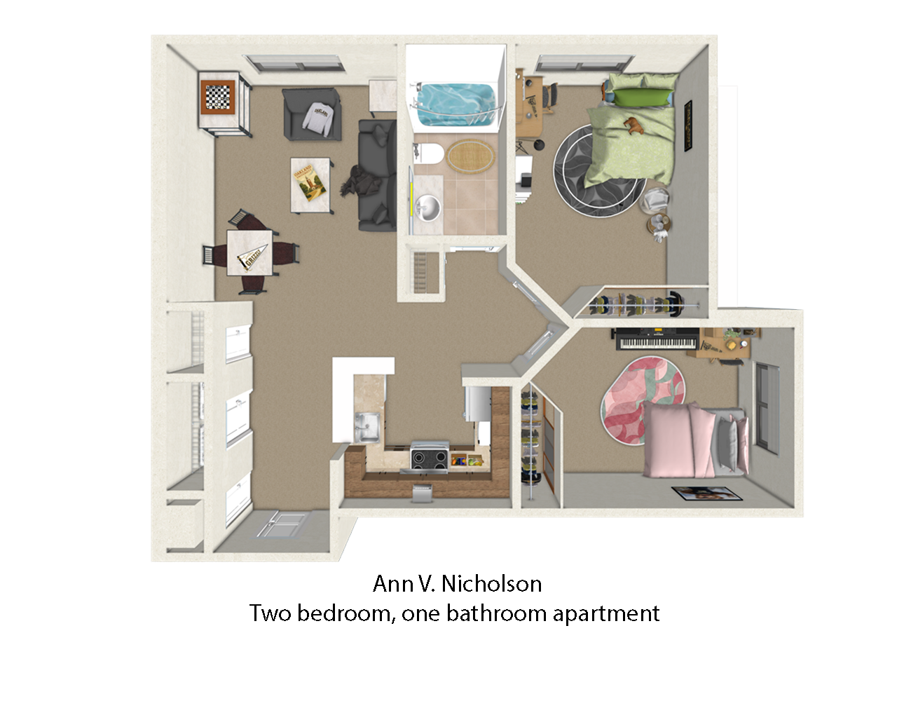 The unit layout is presented as a horizontal square with a protruding room on the bottom right side. The square is divided into seven primary sections. The door to the unit is on the bottom left of the unit. Directly above the door is a long hallway that leads to the living room at the top half of the unit, and before the living room, a second connecting hallway leads to the right. On the left s