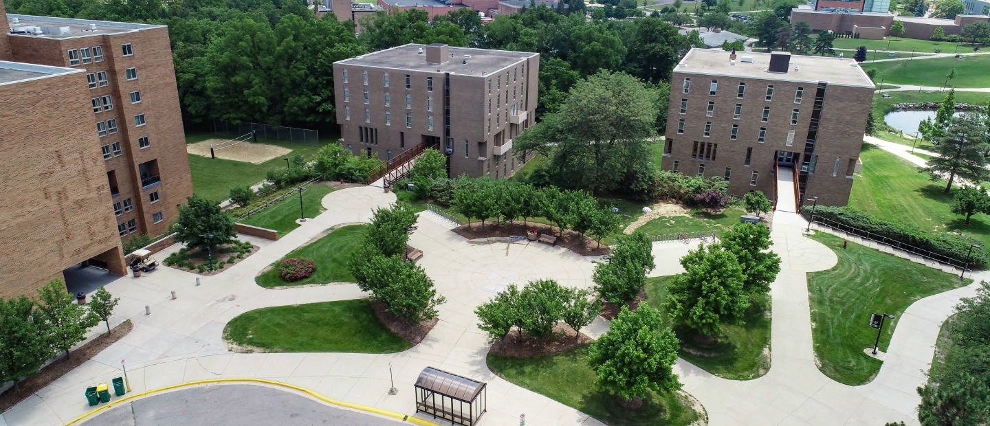 An aerial view of student housing buildings on Oakland University's campus